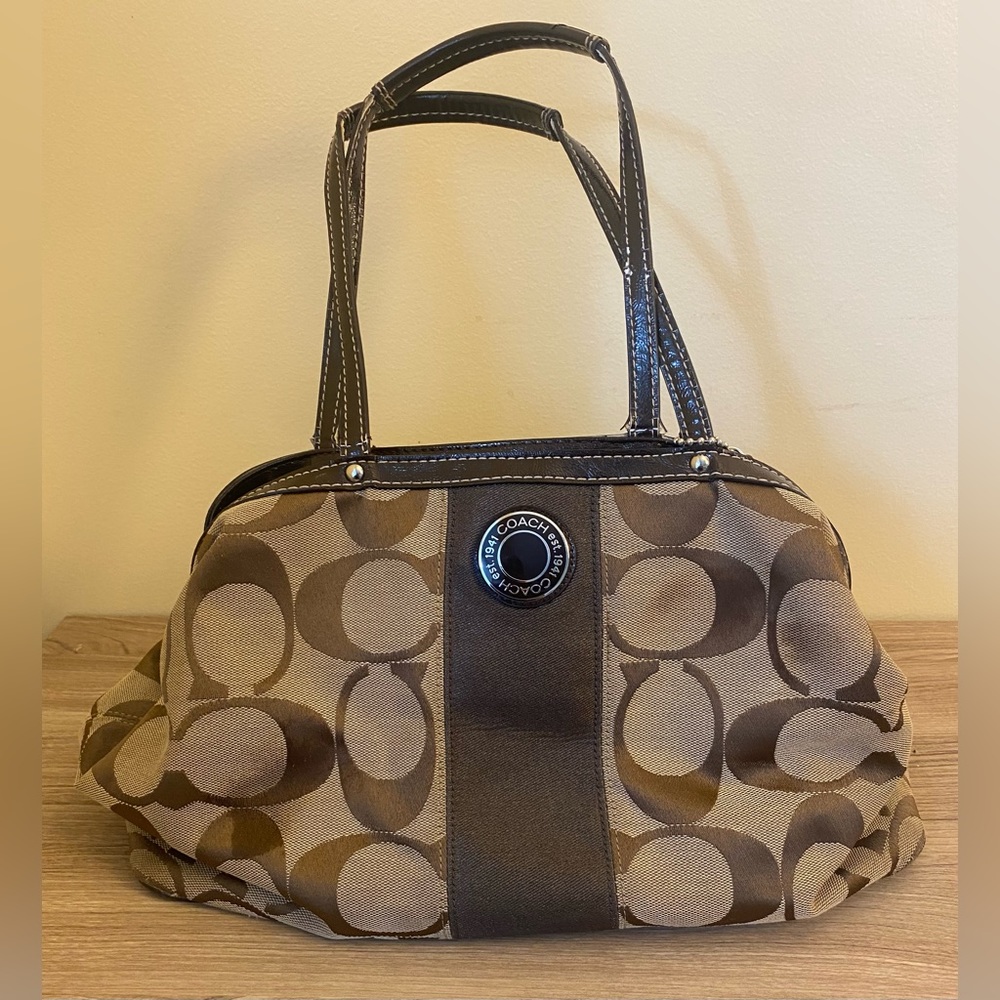 Coach brown signature stripe framed carryall bag